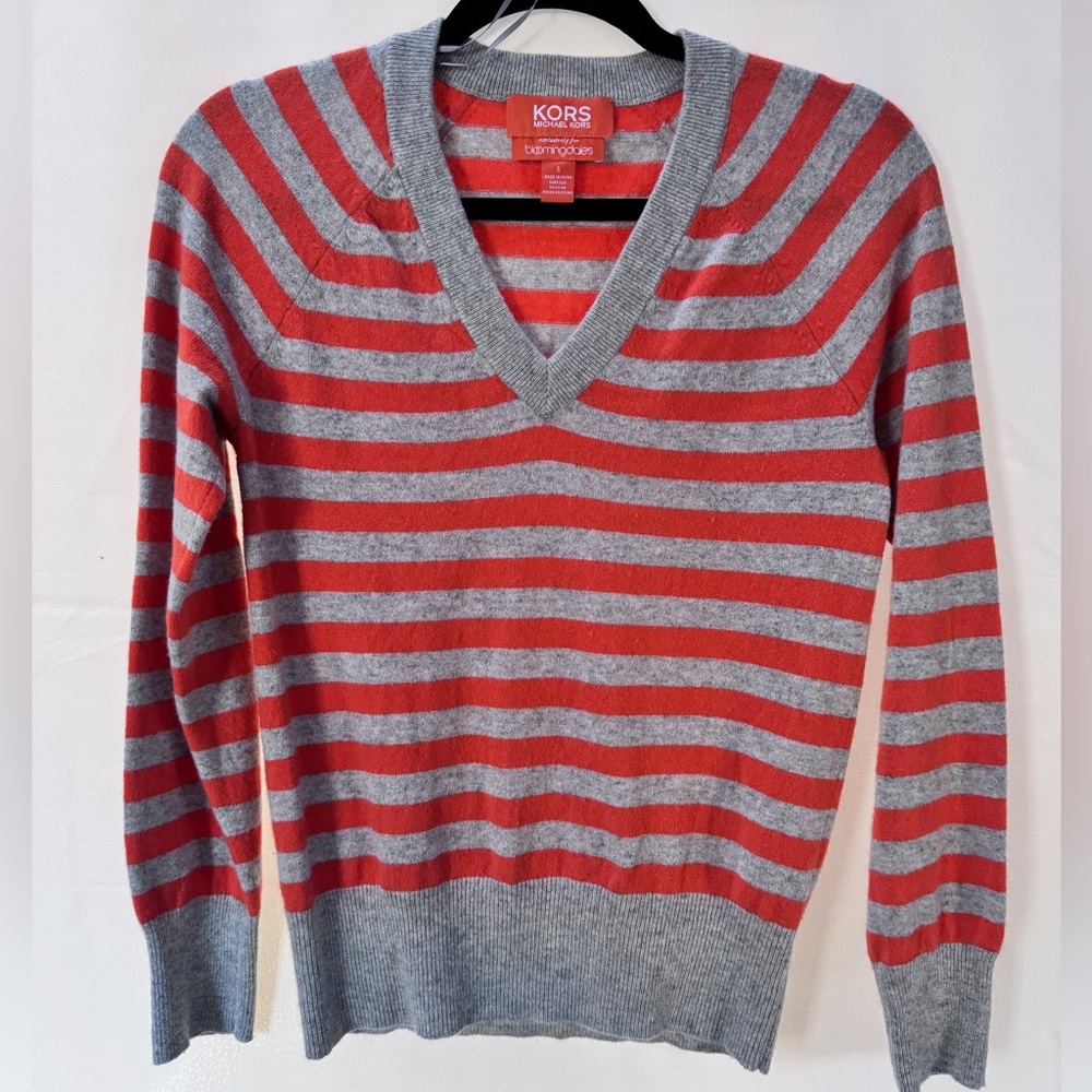 Cashmere Michael Kors Striped V-Neck Sweater in Orange and Gray
